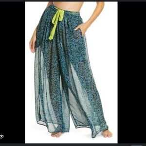 New Free People Sleepin in Extreme wide leg Blue Green neon pants small.